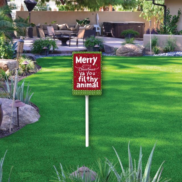 Uptell 7x8.8 Inch Merry Xmas Ya You Filthy Animal Garden Sign Winter House Yard Sign Porch Xmas Holiday Home Decorations Outdoor With Metal Stakes 12.8 Inch