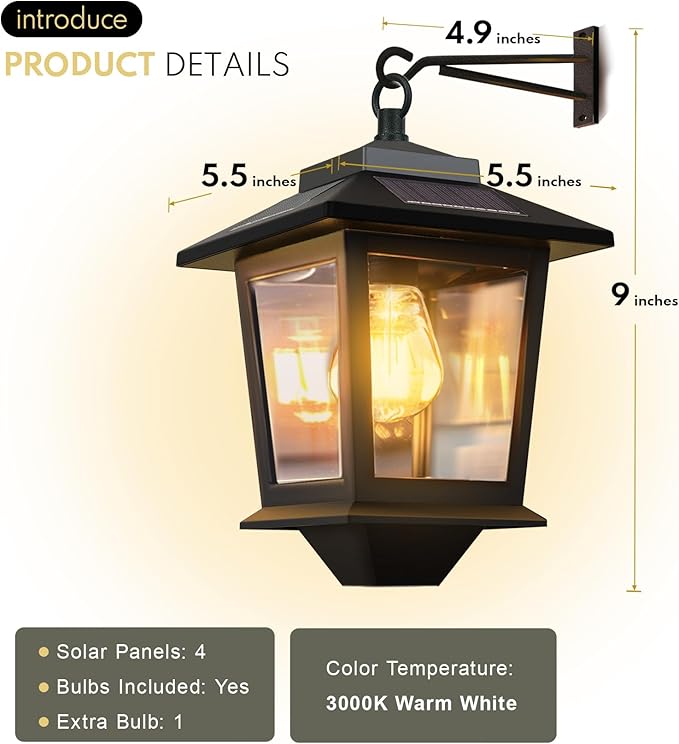 PASAMIC 2 Pack Solar Wall Lanterns with Replaceable Bulb, Outdoor Hanging Solar Lights with 4 Solar Panels, Dusk to Dawn Led Outdoor Wall Sconce, Anti-Rust Waterproof Wall Lanterns with Hooks