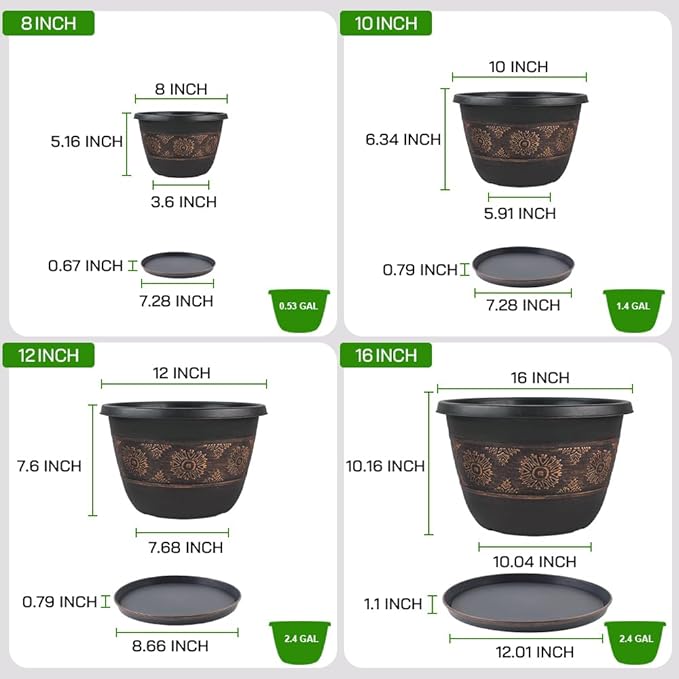Usocik 4 Pack 12 inch Plant Pots, Retro Pattern Planters with Drainage Holes and Saucer, Sturdy Plastic Garden Flower Pots for Indoor & Outdoor Plants