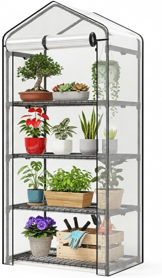 Superlele Mini Greenhouse, 4 Tier Indoor Greenhouse, 19.3x27.2x62in Vertical Plant Green House with Adjustable Shelves, Reinforced White PE Mesh Cover, Heavy Duty Steel Frame for Outdoor
