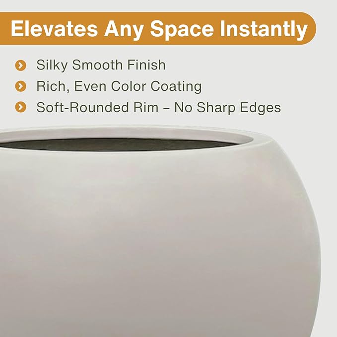 KUTE NEST 16" H x 20" D Globo Fiberstone Round Planter with Drainage Hole, Smooth Finishes, Weather Resistant for Indoor and Outdoor Use, Included 2 Extra Coco Mats (Taupe, 13.5" Pot Opening)