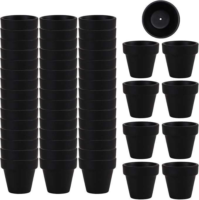 Fcacti 54 Pcs Small Mini Black Clay Pots 2.1'' Terracotta Pot Clay Ceramic Pottery Planter Cactus Flower Pots Succulent Nursery Pots- Great for Window Boxes, Cactus, Plants, Crafts, Wedding Favors
