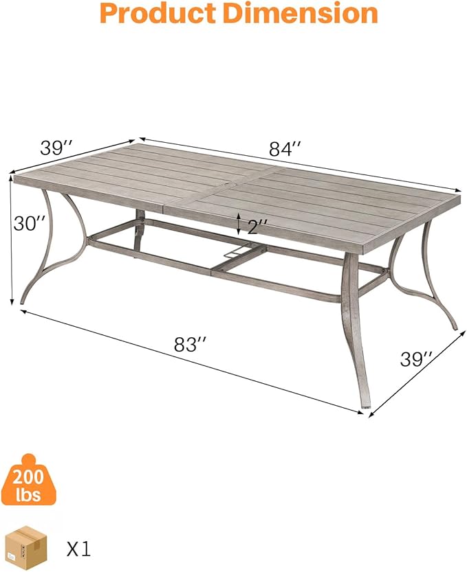 Patio Dining Table for 8, Aluminum Outdoor Dining Table with Umbrella Hole, 84" x 38.6" Rectangular Patio Table for Outside, Outdoor Patio Table for Deck, Garden Poolside, Limed Oak