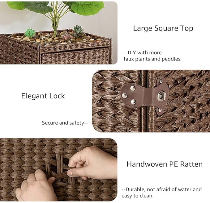 unipaws Cat Litter Box Enclosure with Faux Plant and Litter Mat, Hidden Handwoven Rattan Planter Cat House Furniture, DIY Decoration on Square Top by Yourself, for Living Room, Bedroom, Corner