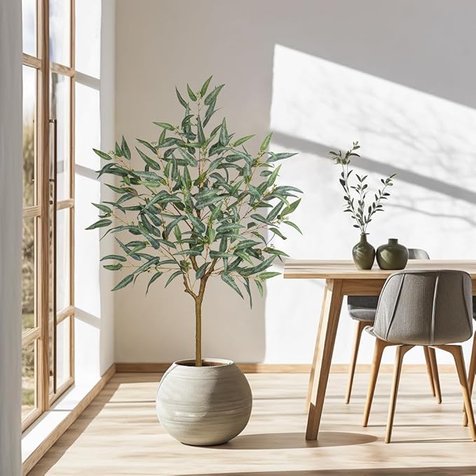 Briful 5ft Artificial Eucalyptus Tree in Black Pot, Realistic Silk Potted Floor Plant Eucalyptus Plant for Home Decor Indoor Outdoor Patio Office, Green Leaf