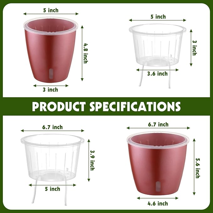 KvyusFlourish Self Watering Pots for Indoor Plants, 6-Pack 5'' Self Watering Planter with Drainage Holes, Small African Violet Pots with Water Indicator, Clear Wick Orchid Pot, Rose Gold
