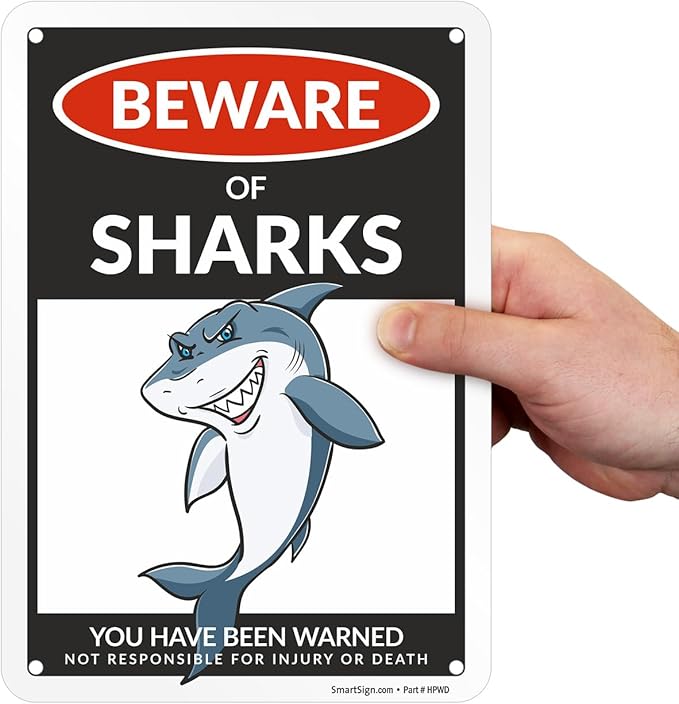 SmartSign Funny Beware Of Sharks Warning Sign - 10"x7", 40 mil Laminated Rust-free Aluminum - Metal Signs for Boys Room Wall Decor, Outdoors, Patio, Gifts, Cafe - Sharks Theme, Made in USA