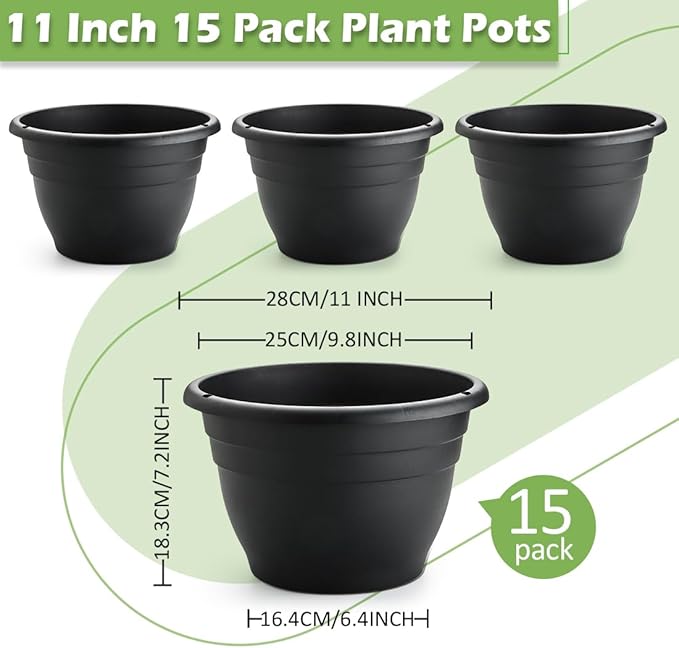 RooTrimmer 15 Pack 11 Inch Plant Pots with Drainage Holes,Black Plastic Flower Pots with Hanging Holes,Durable Planters for Indoor & Outdoor Plants,Nursery Pots