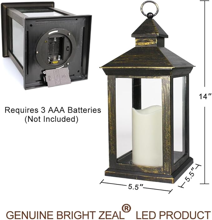 Bright Zeal 14" Tall Vintage Decorative Lantern with LED Pillar Candle (Distressed Gold) - Outdoor Lights Decorative Hanging - Battery Lantern with Timer - Vintage Candle Light