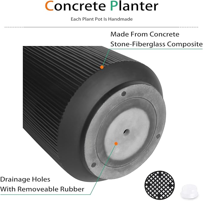 Heyzier Concrete Planter Outdoor Indoor, Large Cement Plant Pots with Saucer for Trees Flowers (Vertical Black, 17 inch)