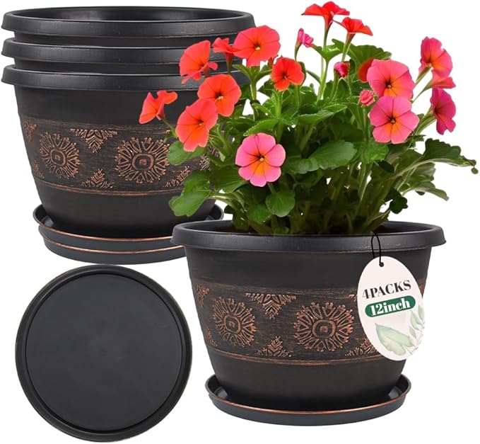 Usocik 4 Pack 12 inch Plant Pots, Retro Pattern Planters with Drainage Holes and Saucer, Sturdy Plastic Garden Flower Pots for Indoor & Outdoor Plants
