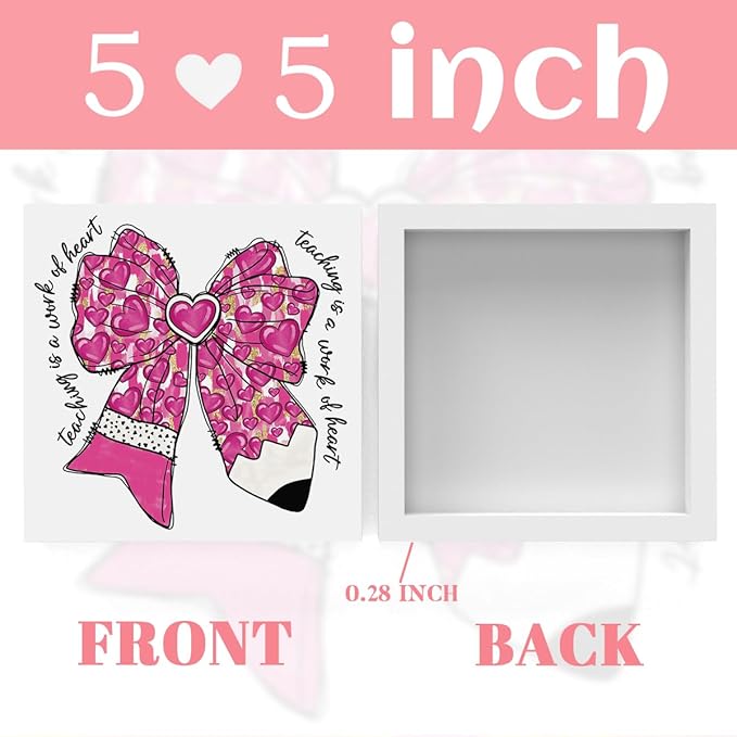 Teacher Valentine Decor Gift, Teacher Appreciation Gifts, Vintage Valentines Day Gifts for Teachers, Graduation Birthday Gift, Pink Glitter Bow Pencil Wooden Box Sign for Office Desk Decor