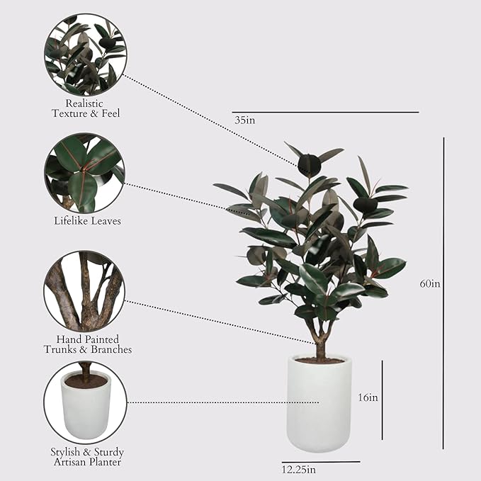 CG Hunter Faux Rubber Ficus Tree, Premium Artificial Indoor Plant Stands 5’ Tall, Lifelike-Leaves and Hand Painted Trunk Create Realistic Faux-Ficus Tree Appearance, Planter Pot Included
