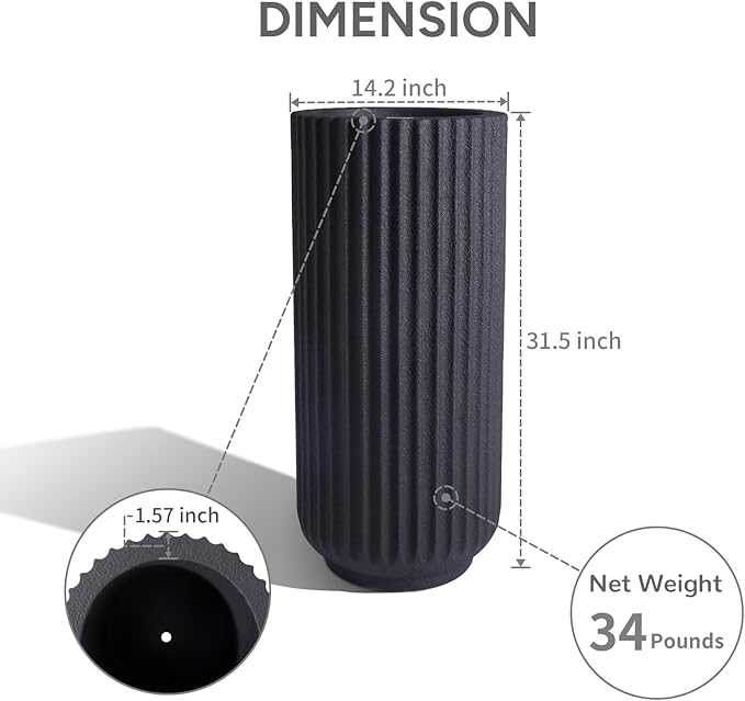 TerraDeco 31.5 Inch Tall Roman Column Concrete Planter（14.2Dx31.5H，36 Pounds）,Durable All-Weather Use with Drainage Holes,Large Tall Round Planter for Outdoor Indoor Plants