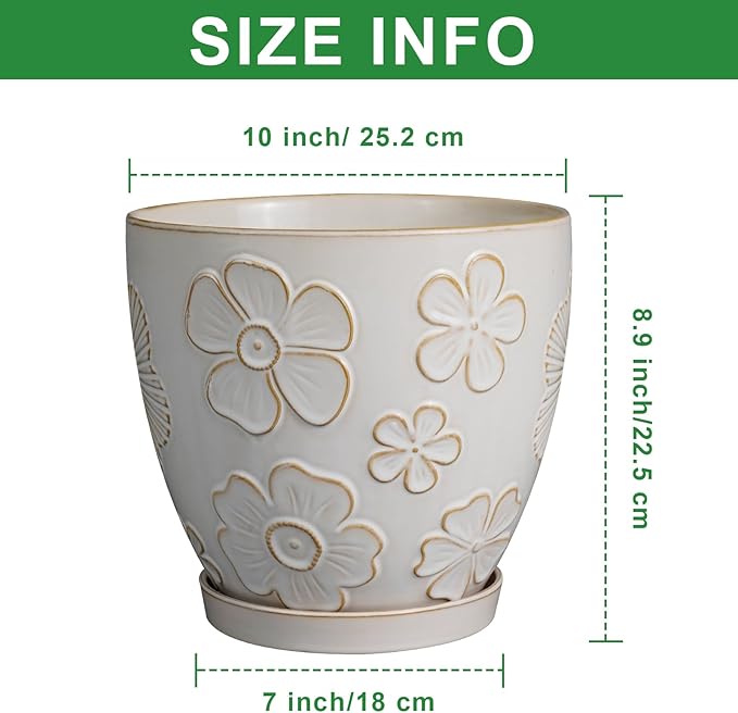 MPotTo 10 Inch Ceramic Planter Pot Large Plant Pot for Indoor Plants Outdoor Round Flower Pot with Drainage Hole and Saucer for Home Garden Decor White