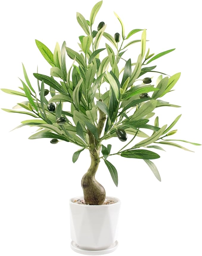Abyjifar 20" Artificial Olive Tree with Pot, Faux Green Potted Plants Indoor Fake Greenery Olive Branches Stems in Pot for Tabletop Desk Office Kitchen Living Room Bedroom Bathroom Home Decor