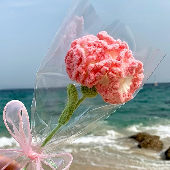 YOOJEE Crochet Flower Pink Carnation Graduation for Wife & Grandma Handmade Knitted Carnation for Women Coworkers Teachers Purple Yarn Flower