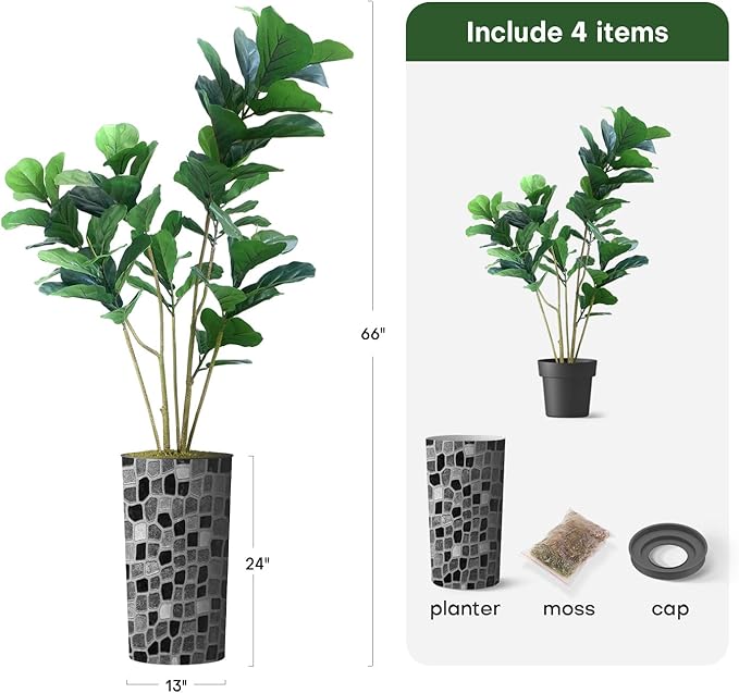 Artificial Tree in Modern Geometric Pattern Planter, Fake Ficus Lyrata Silk Tree for Indoor and Outdoor Home Decoration - 66" Overall Tall (Plant Pot Plus Tree)