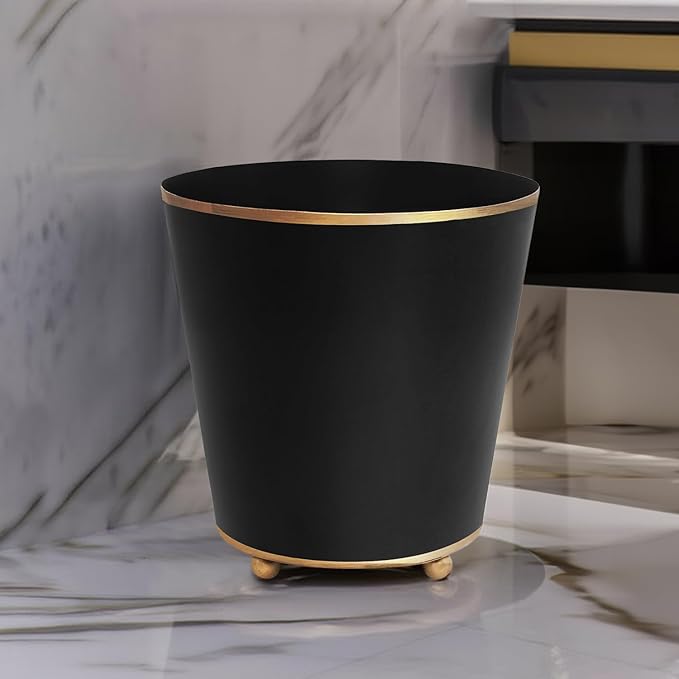 Jaye's Studio Mattie Black, Decorative Round Cachepot & Planter, Matte Black, Gold Trim & Finish, Hand-Painted, Handcrafted Metal, Luxury Indoor Planter, Size 6"