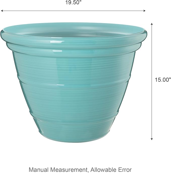Glitzhome 19.5"D Tall Planters, Large Flower Pots with Turquoise Faux Ceramic Finish, Plastic Tall Planters for Outdoor Plants with Drainage Holes,Round Plant Pots for Front Porch Patio Deck, Set of 2