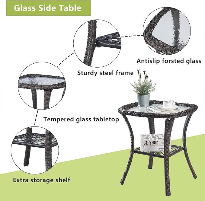 HUMMUH 3 Pieces Patio Bistro Set Wicker Patio Chairs Set of 2 with Tempered Glass Top Side Table Rattan Outdoor Furniture Conversation Set for Yard,Garden,Porch