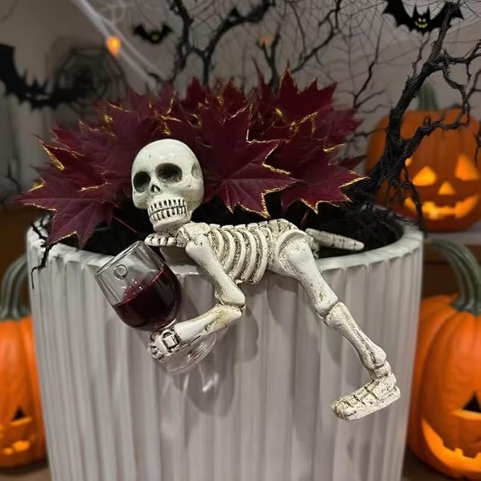Halloween Skeleton Flowerpot Decoration, Weather Resistant Resin Garden Statue (Red Cup)