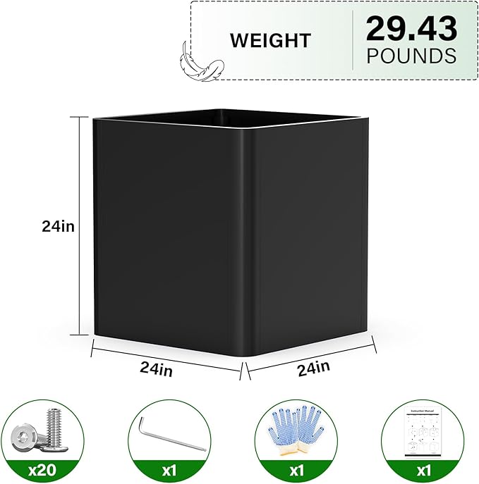 BHCORTEN Large Metal Square Planter 24" L x 24" W x 24" H, Heavy Duty Black Large Outdoor Planters with Drainage Hole for Porch/Patio/Garden