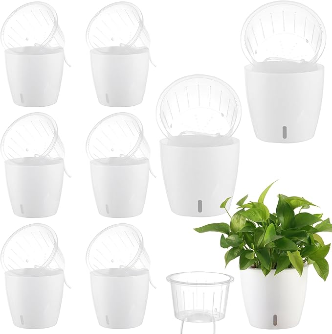 KvyusFlourish Self-Watering Pots for Indoor Plants, 8-Pack 6.7'' Self Watering Planter with Drainage Holes, Small African Violet Pots with Water Indicator, Clear Wick Pot, White
