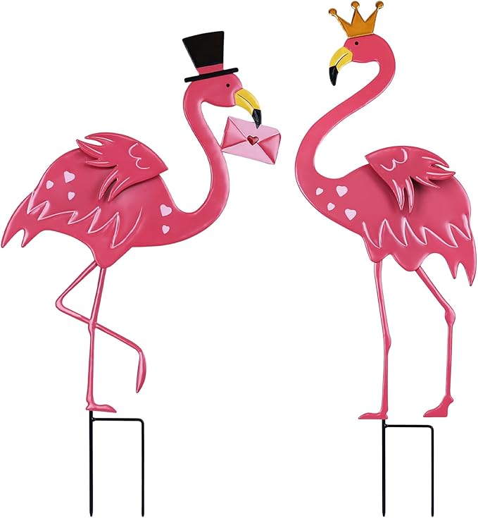 hogardeck Valentines Day Decorations Outdoor, 2 Pcs 31" Metal Flamingos Decorative Garden Stakes for Valentines Day Decor, Yard Sign for Home Outside Lawn Porch Anniversary Wedding Party