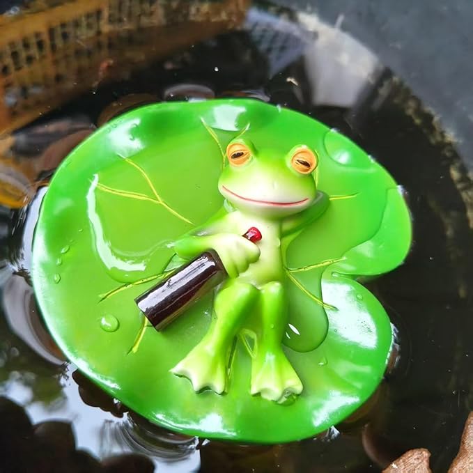 Cute Frog Lotus Leaf Resin Statue Paired with Beer Bottle - Bright Green Outdoor Garden Decoration. Frog Garden Decoration.