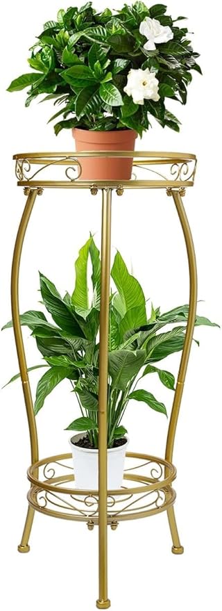 LOYAL TIGER Plant Stand Indoor Outdoor 2 Tier 27'' Tall Metal Potted Rack Flower Pot Stand Heavy Duty Rustproof Iron Multiple Plant Supports for Garden Balcony Patio (Golden)