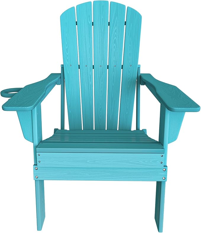 Plawdlik Folding Adirondack Chair, SGS Tested, Wooden Textured with Cup Holder, Heavy All-Weather HDPE Comfortable Set Poolside Backyard Lawn Aruba Blue Set 4