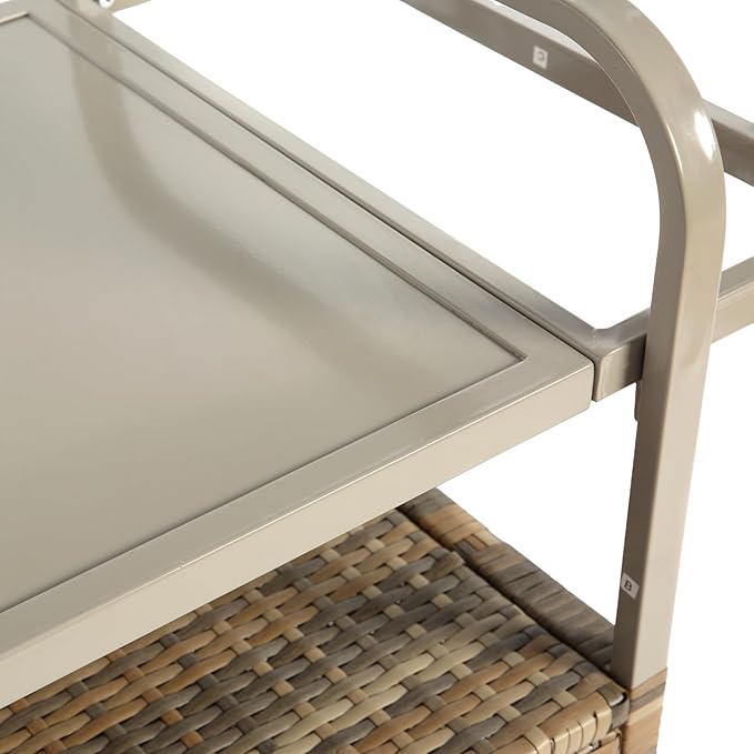 Outdoor Bar Cart with Cabinet, 51.57" Patio Serving Cart with Steel Top, Built-in Ice Bucket, Side Basket & Lockable Wheels for Garden, Backyard & Poolside, Beige
