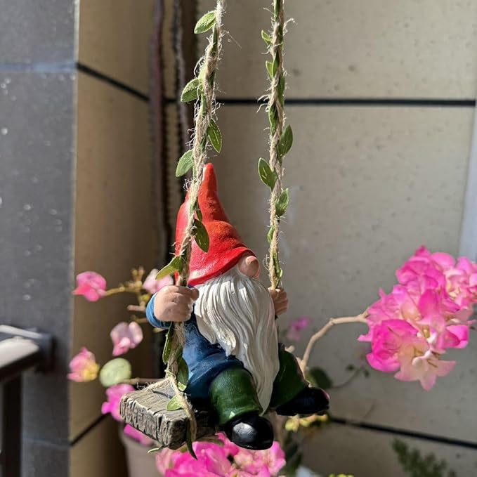 Garden Gnomes Outdoor Statue,Garden Gnome on Swing, Gnomes Decorations for Lawn Yard, Indoor and Outdoor Gnome Ornament for Christmas Tree Decor Halloween New Year. (Swing Gnome)