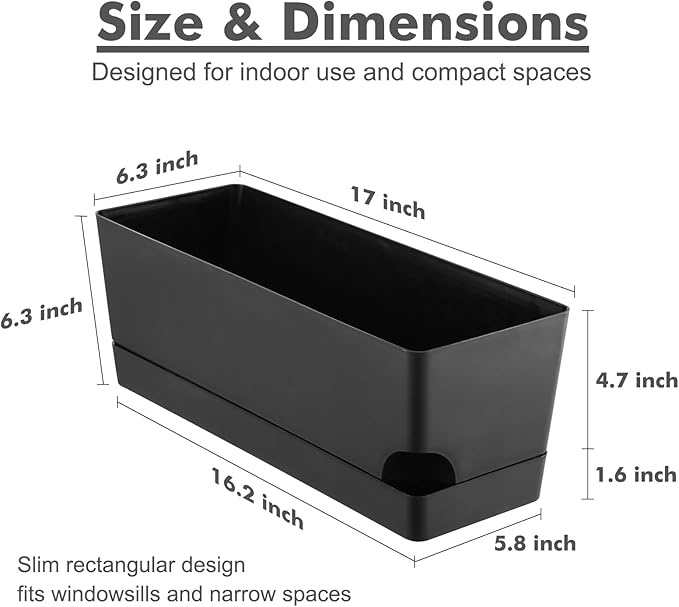 Party Zealot Self Watering Pots for Indoor Plants, 5 Pack Window Boxes Planters 17 Inch Rectangular Planter Rectangle Flower Pots Long Plant Pot Large Window Sill Herb Planter Box, Black
