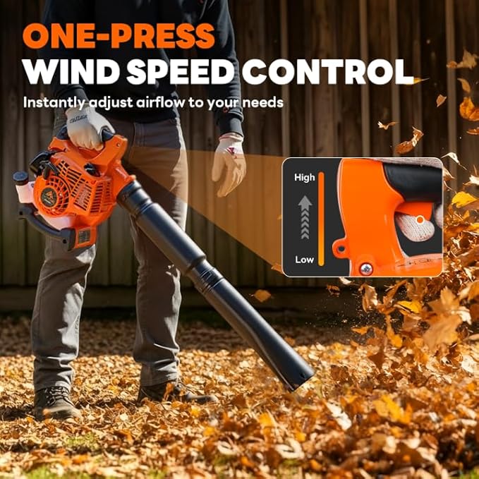 3-in-1 26CC Gas Leaf Blower & Leaf Vacuum Mulcher,Handheld Light Blower with Bag,450CFM 200MPH Gas Powered Leaf Blower for Lawn and Yard Care, Low Vibration 2-Cycle Engine Performance