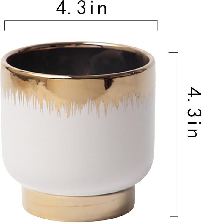 LB White Gold Ceramic Plant Pot for Indoor Plants, Succulent Planters Ceramic Plant Pots, Modern Flower Pots for Living Room Office Home Decor, Round Flower Pot of 4.3 Inch(Plant Not Included)