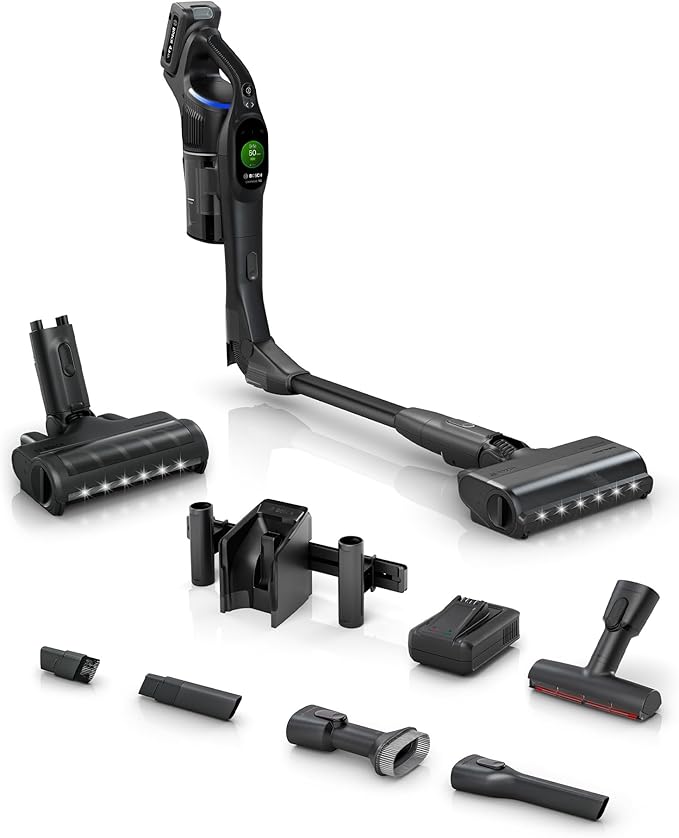 Bosch Unlimited 10 Cordless Stick Vacuum, Up to 80-Min Runtime, 90° Flex Tube, Fast Charger, MicroClean, >99.9% Dust Pick-up, HEPA Filter, Pet Hair, Carpets & Hard Floors, 6 Accessories, Black