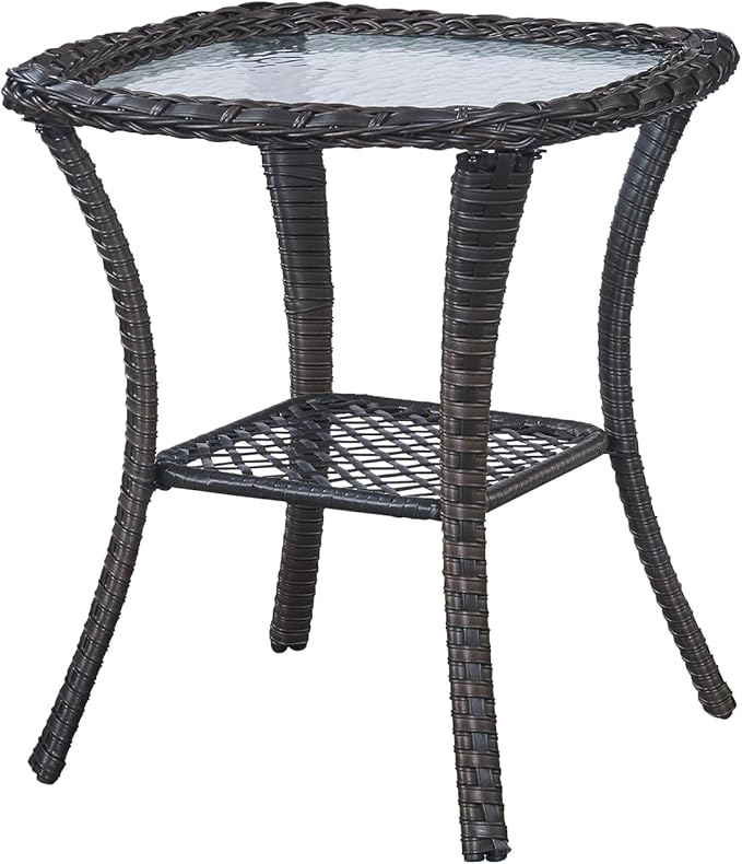 Belord Small Outdoor Side Table - Tempered Glass Wicker Table, Waterproof Patio Coffee Table Rattan End Table with Storage, Brown
