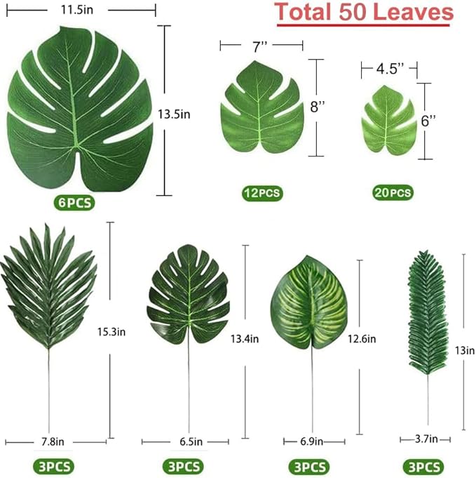 50 Pieces 7 Kinds Artificial Tropical Leaf Jungle Leaves Plant Safari Leaves Decorations Fake Palm Leaf with Stems for Hawaiian Luau Party Table Beach Birthday Wedding Theme Party Decorations
