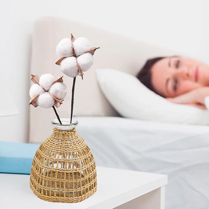 Flower Vases with Rattan Cover, Straw Woven Glass Vase, Rattan Woven Vase Decorative, Glass Flower Vase, Boho Glass Flower Vase, Vase for Home Flower Arrangement Table Decoration, 5.3''X3.5'',D Style