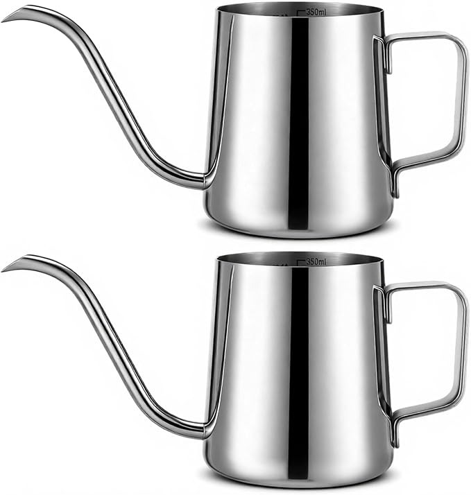 2 Pcs 12 oz / 350 ml Watering Can for Indoor Plants, 304 Stainless Steel Small Gooseneck Spout Kettle, Mini Indoor Watering Can with Scale and Long Spout