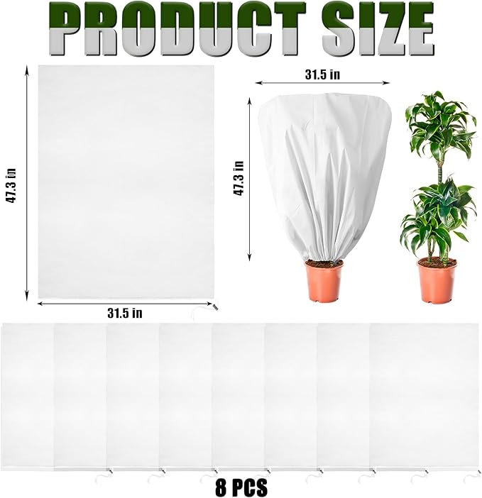 EYNDYN 8 Pcs Plant Covers Frost Protection Bag 47" x 31.5" Winter Reusable Plants Jacket with Drawstring Shrub Protection Wraps Bags Frost Blanket for Winter Outdoor Garden Plants