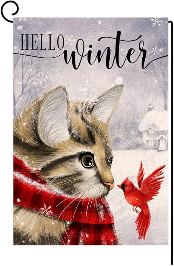 Winter Cat Garden Flag 12x18 Vertical Double Sided Cardinal Bird Snow Christmas Holiday Outside Decorations Burlap Yard Flag BW230