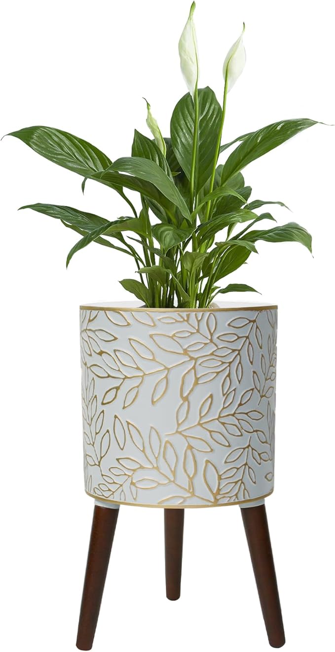 Opnons 12inch Plant Pots with Wood Planter Holder Indoor Flower Pot with Gold Floral Embossed Modern Planters with Drainage Holes for Living Room, Office, Garden or Balcony