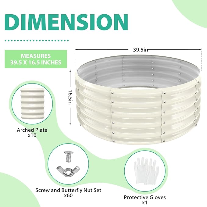 17" Tall Round Outdoor Garden Raised Garden Bed Kits-0.8MM Thick Metal Raised Planter Bed/Ground Planter Box for Variety of Flowers,Herbs,Vegetables,Trees (Cream White, 40 Dia X 16.5 inches)