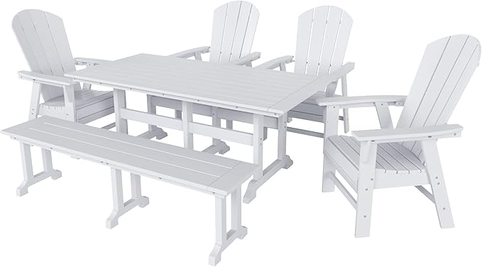 WestinTrends Malibu 6 Piece Adirondack Patio Dining Set with Bench, All Weather Poly Lumber Outdoor Table and Chairs, 71" Trestle Dining Table, 4 Adirondack Chair with Dining Bench, White