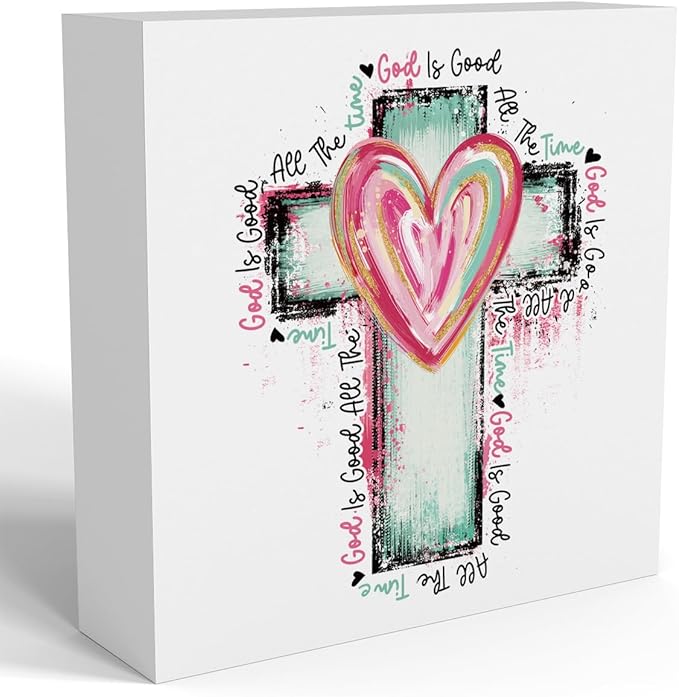 Valentines Day Decorations, Valentines Day Gifts for Her Him, Gift for Boyfriend Girlfriend, Romantic Watercolor Heart Cross Anniversary Christian Wooden Box Sign Husband Wife Home Office Desk Decor