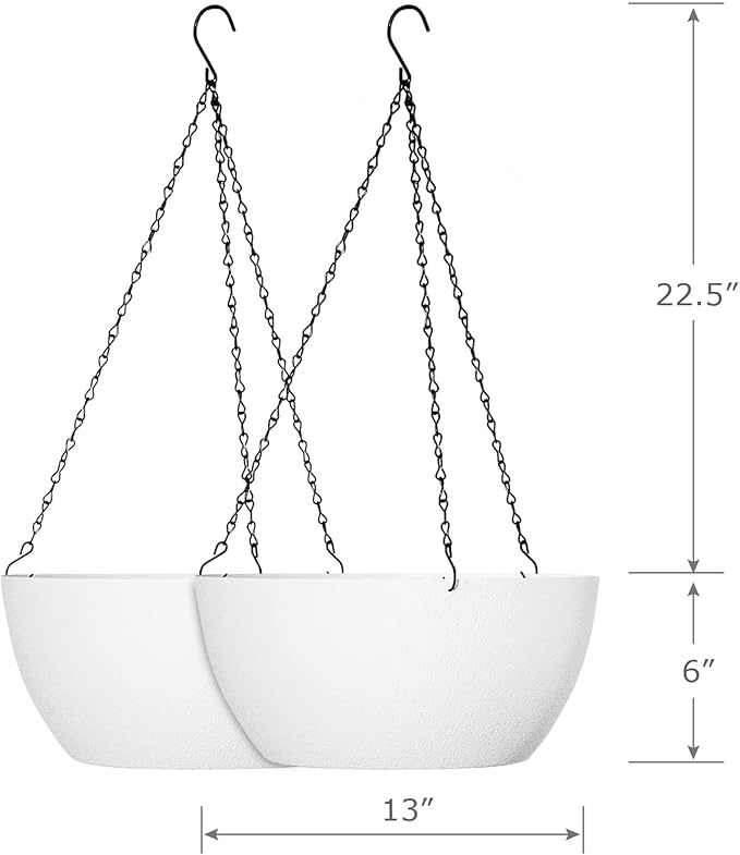 WSMKSZ 13 inch Large Hanging Planters Plant Pots for Outdoor Indoor Plants with Drainage Holes and Chain, 2 Pack Round Hanging Flower Pots for Garden Home Porch Decor, White