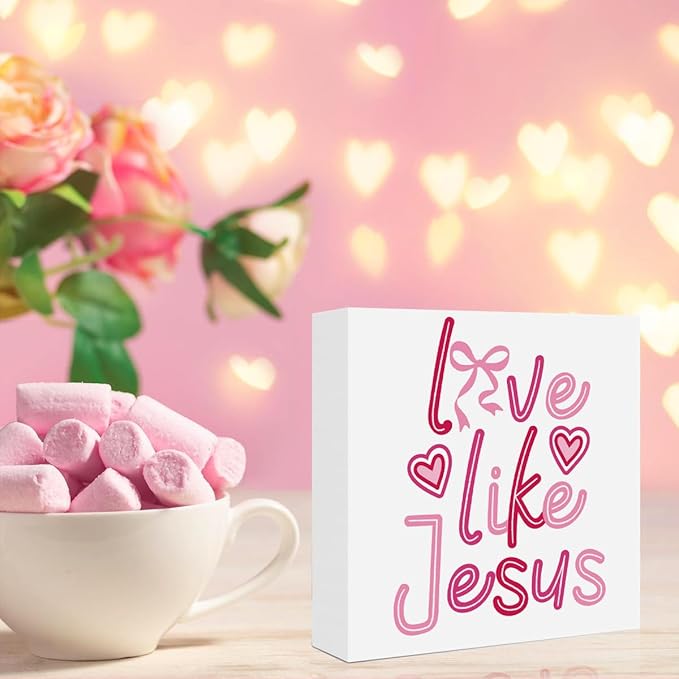 Valentines Day Decorations, Valentines Day Gifts for Her Him, Gift for Boyfriend Girlfriend, Pink Heart Bow Jesus Anniversary Wooden Box Sign Husband Wife Home Office Bedroom Desk Decor